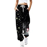 [TXWZM] クリスマス 衣装 レディース クリスマスツリー 雪だるま 雪の結晶 トナカイ サンタ 総柄 ジョガーパンツ スウェットパンツ カジュアル ゆったり ズボン ウエスト 調整 縮める ボトムス 秋冬 春夏 スポーツ フィットネス ダンス(ブラック,M)