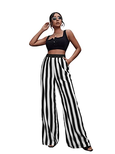 SweatyRocks Women's Striped Extra Long High Waited Wide Leg Pants Loose Casual Trousers with Pockets2
