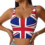 KOSUES British England UK Union Jack Flag Women's Sports Bras Scoop Neck Yoga Bra Sleeveless Workout Crop Tops U Back Exercise Running Tank Top Removable Pads Fitness Outfits Medium Black