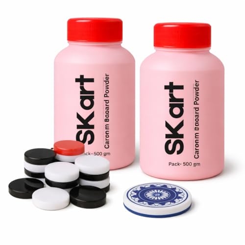 Image of Carrom Board Practice Kit - 1kg Carrom Powder Combo Pack (500g x2) with 24 Acrylic Carrom Coins 6mm & 1 Striker | Smooth Fast Powder for Board Game Indoor Play Pink Set