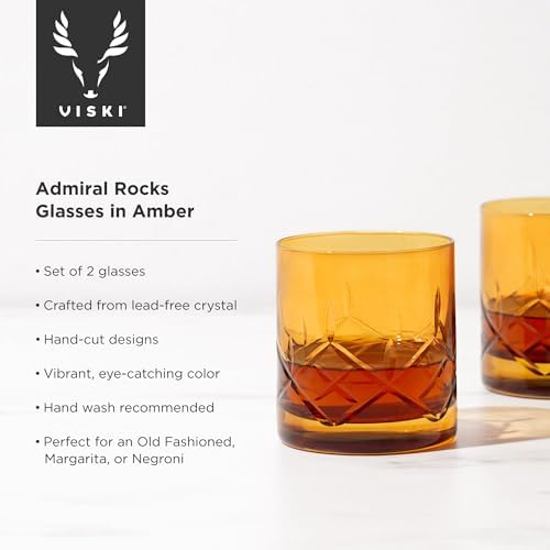 Viski Admiral Rocks Glasses in Amber, Crystal Spirit Drinking Gifts for Men and Women, 11.5oz Old Fashioned Glass Set of 2 - Thumbnail 3