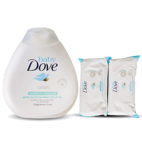 Dove Baby Sensitive Moisture Lotion + 2 Dove Baby Wipes Rich Moisture, Diaper Sensitive Skin Care Nourishing Baby Lotion 200ml, Water-Based Baby Pamper Wipes