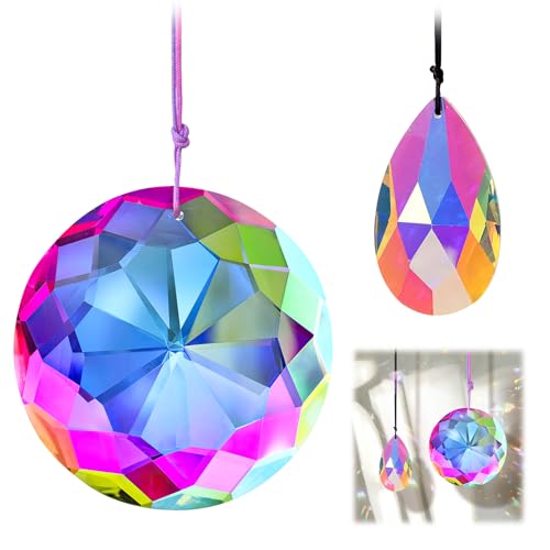 Attrape-Soleil Cristal Design Bauhinia, 38 mm Goutte + 75 mm Rond, Prisme Suspendu Arc-en-Ciel pour Fenêtre Jardin Voiture Balcon, Décoration Élégante Cadeau Original