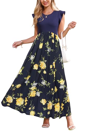 Image of OUGES Women's Maternity Dress Summer Ruffle Sleeve Patchwork Casual Flowy Maxi Dresses with Pockets