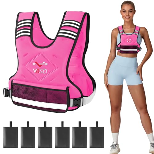 VBSD Adjustable Weighted Vest for Women Men 4-10LB Vest with 6 Ironsand Weights Body Weight Vest with Reflective Strip for Running Walking Strength Training Workouts Pink