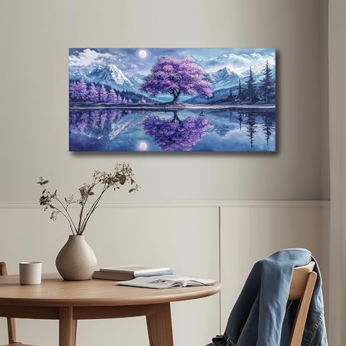 SERIMINO Tree of Life Large Wall Art for Living Room, Fantasy Landscape Canvas Prints, Snow Mountain Lake Pictures, Purple Tree Paintings Home Decor for Bedroom, Office Decor 30"X60"