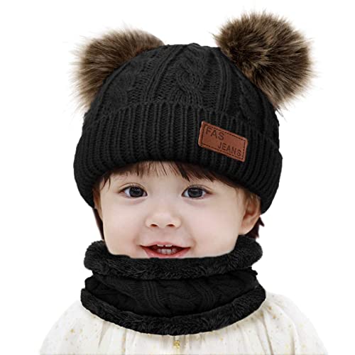 JFAN BéBé Filles Tricoter Bonnet ÉCharpe Ensemble Garçons Enfants Chaud Double Fausse Fourrure Pom Crochet Bonnet Chapeau De Bonnet,Noir,Taille unique Cover