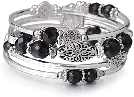 FULU AUTUMN Silver Beaded Bangle Bracelet for Women Handmade Boho Stacking Wrap Bracelet with Crystal Beads Costume Fashion Jewellery Gifts