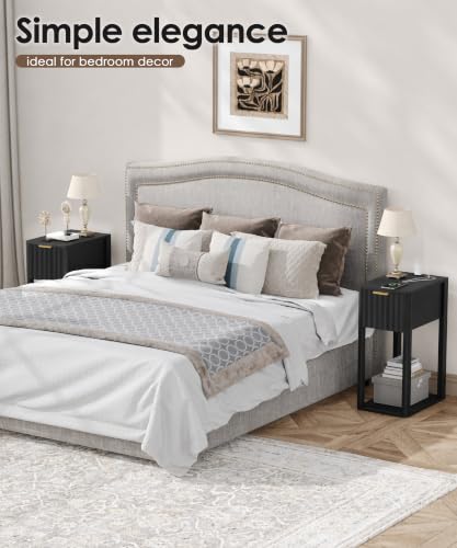 Image of Akxomel Narrow Nightstand Set 2 with Charging Station Fluted Table Black