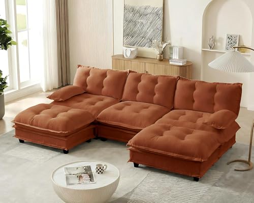 Image of 108 inch Sectional Sleeper Sofa with Ottoman, U Shaped Modular Deep Seat Couches for Living Room Apartment, Flexible Module Combination Cloud Sofa with Spring Support, Easy Assembly, Orange