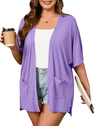 Image of AusLook Plus Size Cardigan for Women Short Sleeve Lightweight Open Front Shrug with Pockets for Dresses and Layering 1X-5X