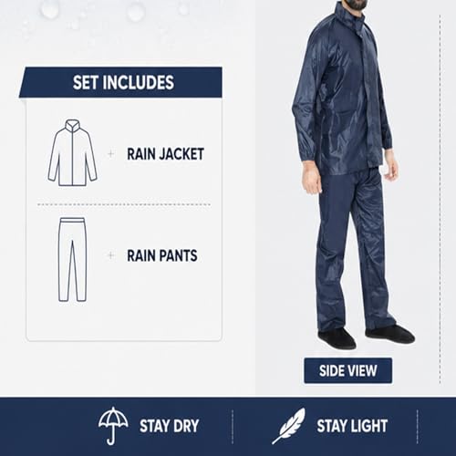 Image of BENAVJI Men's Waterproof Rain Wear Combo | Hooded Raincoat Suit with Pants for Riding, Camping & Travel