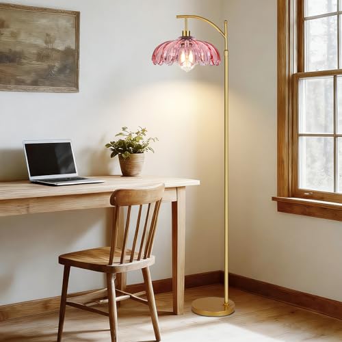 Image of QIYIZM Pink Floor Lamp for Living Room,Bedroom,Gold Dimmable Standing Lamp with Remote,Mid Century Modern Brass Tall Lamp Boho Floor Lamps Arc Stained Glass Flower Floor Light Lamp Girls kids Bohemian