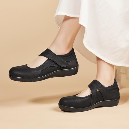 Image of Mary Jane Shoes Women Leather Orthopedic Flats Round Toe Casual Dress Shoes Non Slip Work Shoe with Memory Foam