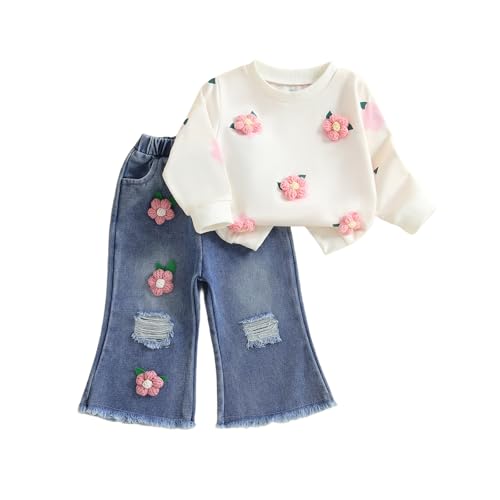 Toddler Girls Outfits 0-7 Years Long Sleeve Crochet Floral/Strawberry Embroidery Sweatshirt Pullover Tops with Flare Jeans Elastic Denim Pants Sets 2Pcs Girl Clothing (Pink, 2-3 Years)