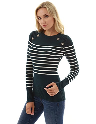 PattyBoutik Women Crewneck Striped Military Sweater (Dark Green and Ivory Medium) - Thumbnail 2