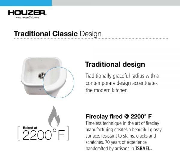 Miniatura 3 de Houzer Platus PTB-1919 WH - Fregadero de barra cuadrada de arcilla refractaria de 19 pulgadas para cocina o bar, duradero, resistente a