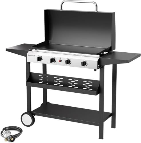SKOK Propane Gas Griddle with Hood, Flat Top Grill with Standing Cart
