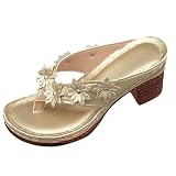 Teenslippers voor dames, met 111 stuks, voor dames, zomer, nieuwe clip, bloemen, slippers, casual, comfortabel, hoge hak, dikke hak, teenslippers, voor binnen en buiten, vakantie, zomer roeping, Goud