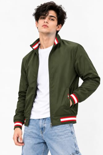 Image of Ben Martin Men's Jacket || Lightweight Casual Jacket with Standing Collar || Full Sleeve Zip-Up Windcheater Jacket with Striped Ribbed Cuffs & Hem