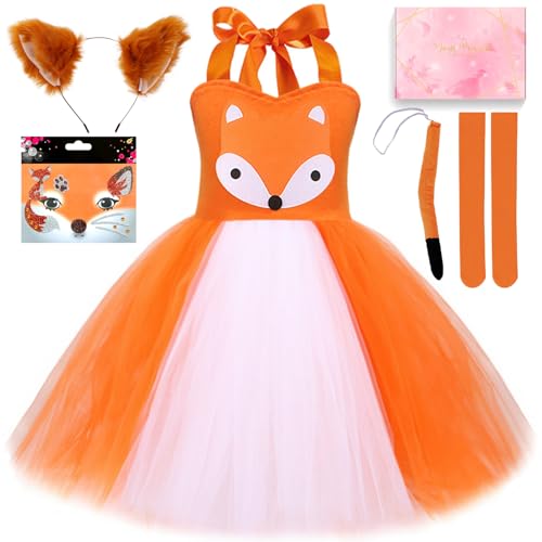TOSZOLY Prinzessin Kleid Mädchen, Tierkostüm Kinder Mädchen mit Haarband, Fuchs Kostüm Set für Kinder Cosplay Halloween Karneval Weihnachten Geburtstag Party