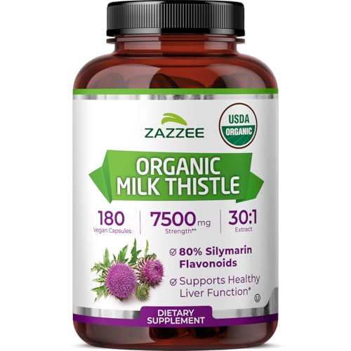 Zazzee USDA Organic Milk Thistle 30:1 Extract, 80% Silymarin, 180 Vegan Capsules, 6 Month Supply, Certified Kosher, High Potency Liver & Antioxidant Support, Silybum Marianum, Non-GMO, Made in the USA