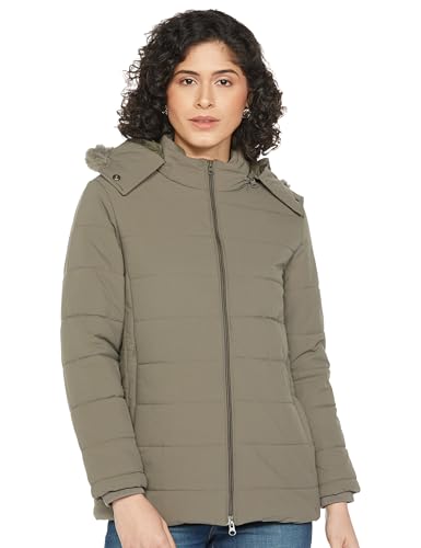 Image of Qube By Fort Collins Women's Medium-Length Bomber Jacket with Detachable Hood Stylish Winterwear for All-Day Comfort |Material: Nylon