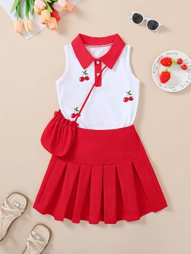 Image of Girls 2 Piece Outfit Preppy Strawberry Graphic Sleeveless Polo Shirt and Pleated Skirt Set with Crossbody Bag