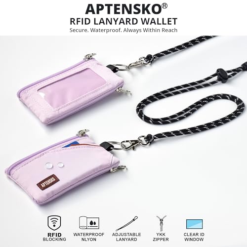 Image of RFID Blocking Travel Wallet with Adjustable Lanyard, Small Nylon Zipper Pouch and Badge Holder for ID, Credit Cards, Cash, Keys, Commuters (Soft Lilac)