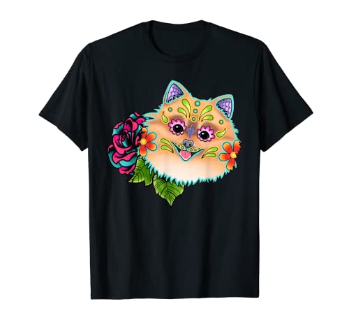 Pomerania - Día de los Muertos Cráneo de Azúcar Perro Camiseta
