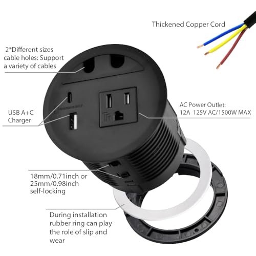 Image of Desktop Power Grommet with 33W USB-A+C Fast Charge & AC Outlet | 4.5FT Cord Recessed Power Outlet for Conference Rooms, Office Tables, Furniture (Black)