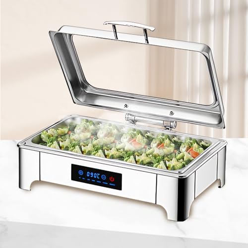BOVDC Chafing Dish Electrico, 9L Calentador de Comida Electrico para Buffet Temperatura Regulable, Chafing Dish Buffet con Tapa Transparente Acero Inoxidable(B, Full Pan)