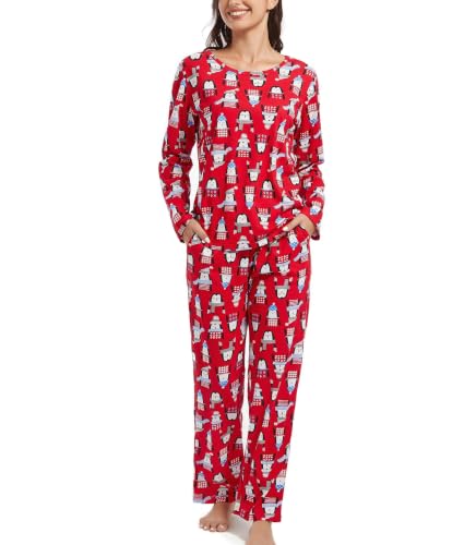 Image of ENJOYNIGHT Womens Pajama Set Cotton Pjs Long Sleeve Sleepwear with Pockets | Two Piece Crew Neck Sleep Set, Elastic Waist Long Pant, Lightweight Loungewear