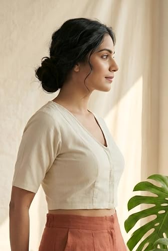 Image of Yash Gallery Women's Stretchable Rayon Lycra V-Neck Short Sleeve Front Open with Hook Stylish Crop Blouse Top for Ethnic Beige Designer Festive Choli Blouse