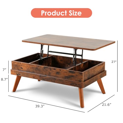Image of Lift Top Coffee Table, Easy-to-Assembly Center Table with Hidden Storage Compartment, Industrial Lift Tabletop Dining Table for Living Room Reception /Home Office, Rustic Brown