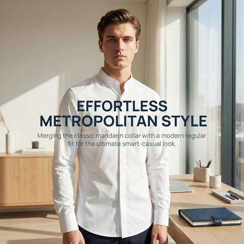 VANCOOG Young Men's Banded Collar Solid Designer Casual Long Sleeve Interview Dress Shirt Clearance-White-M — view 6