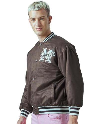 Image of Bewakoof Men's Standard Length Embroidered Oversized Fit Full Sleeve Round Neck Suede Jacket