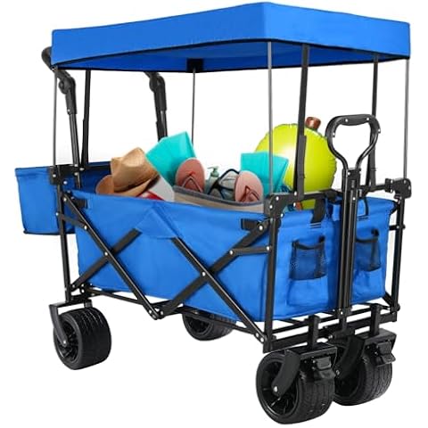 AthLike Collapsible Wagon Folding Garden Cart w/Removable Canopy, Extra Large Heavy Duty Portable Camping Beach Utilit Cart w/Adjustable Push Pull Handle, 7" Wide All-Terrain Wheel for Shopping Picnic