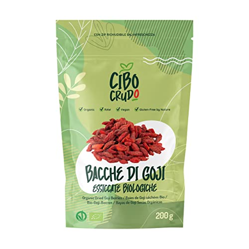 Bacche di Goji Bio Crude - Qualità Premium - 200g. Bacche di Goji Biologiche Crude ed Essiccate Senza Zuccheri Aggiunti. Goji Berries Raw and Organic. Lycium Barbarum.
