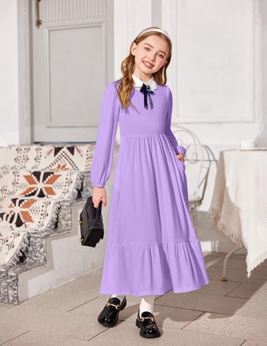 Image of Arshiner Girls Maxi Dresses Lantern Long Sleeve Casual Holiday Dress with Pockets for 5-14 Y