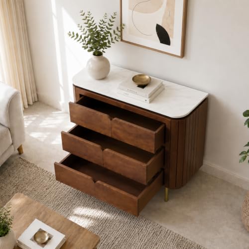Image of The Attic Carlston 3 Drawer Chest, Multipurpose Cabinet for Kitchen and Living Room Storage, Classy Chest of Drawers, Solid Mango Wood, Provential Teak Matte Finish