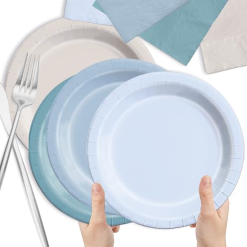 Image of CMUSKO Blue Birthday Decorations - 150pcs Dusty Blue Gradient Plates & Napkins Kit Serves 50 for Dusty Theme Baby Shower,Wedding, Bridal Shower