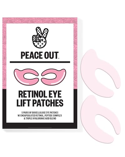 PEACE OUT Retinol Eye Lift Patches 360 Biocellulose Mask with Encapsulated Retinol Peptides & Hyaluronic Acid for Visibly Improved Fine Lines Wrinkles (5 Pairs)