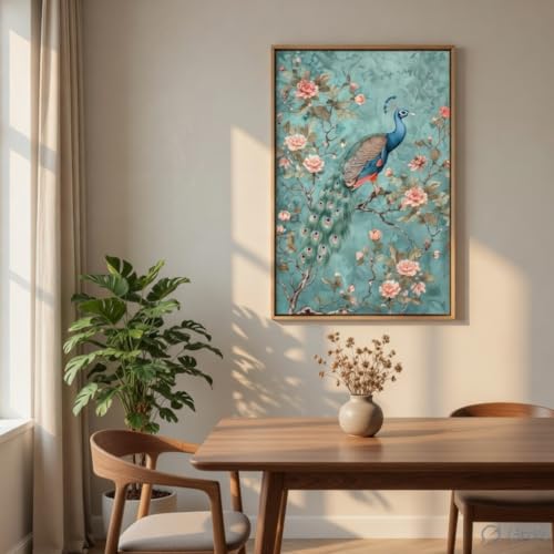 Image of Livin'luxe Elegant Peacock Floral Wall Painting with Wooden Frame | Vintage Bird Artwork HD UV Laminated MDF Wall Decor | Botanical Peacock Art for Living Room Bedroom Office Home Decoration