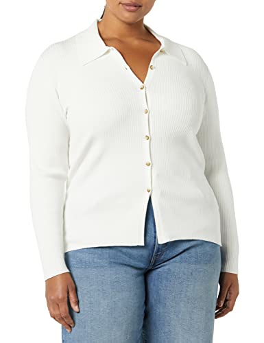 Daily Ritual Women's Fine Gauge Stretch Polo Ribbed Cardigan, Ivory, Small