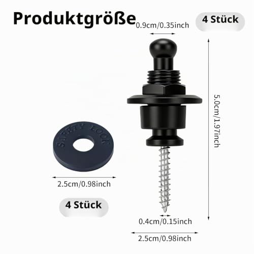 4 Stück Gitarrengurt Schlösser, Gitarrengurt Knöpfe aus robustem Metall mit 4 Silikon Unterlegscheiben für Akustikgitarre, E-Gitarre, Bassgitarre und Ukulele – Schwarz
