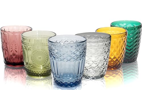 Vessyn Trinkgläser Set 6 teiliges Gläser Set für 6 Personen aus Glas, Wasserglas farbig, Mehrfarbig einzigartiger Schliff Alltag Familienessen, Büro, Outdoor Saftgläser Modernes Design Set 310 ml