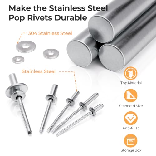Image of INCLY 720Pcs 304 Stainless Steel Rivets with Washer Assortment Kit | 8 Sizes Pop Rivets, 1 /8 inch, 5 /32 inch, 3 /16 inch, with 3 Sizes Washers, Stainless Rivets for Metal, Automotive, Furniture, DIY Repair