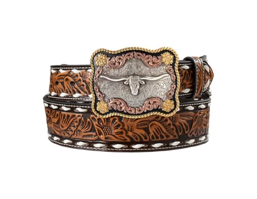 Nocona Mens Belt Floral Scalloped Longhorn Motif Embossed Brown (38)