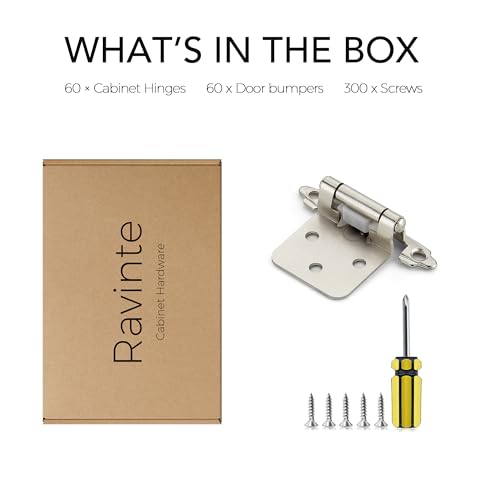 Image of Ravinte 60 Pack 30 Pairs 1 /2 Inch Overlay Cabinet Door Hinges Kitchen Satin Nickel Semi-Concealed Face Mount Self-Closing Cabinet Hinges with Bumpers & Screwdriver